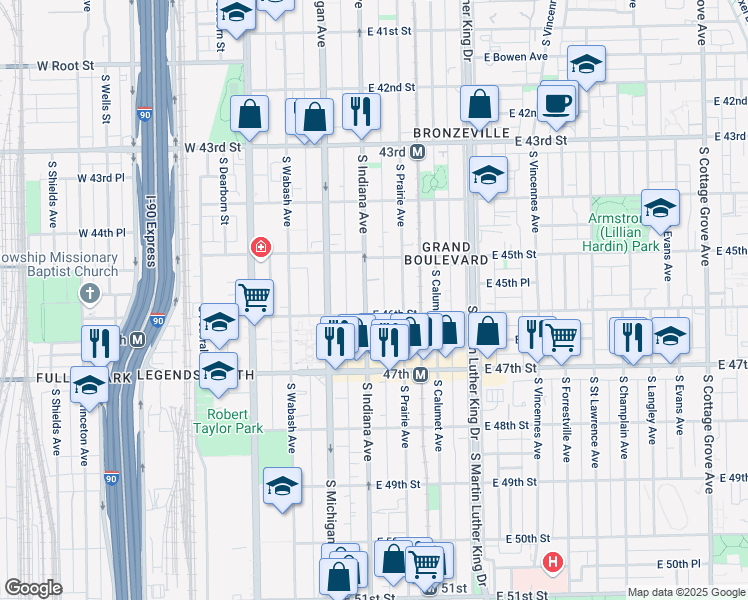 map of restaurants, bars, coffee shops, grocery stores, and more near 4601 South Indiana Avenue in Chicago