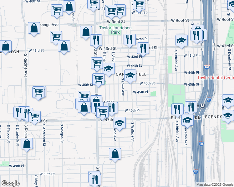 map of restaurants, bars, coffee shops, grocery stores, and more near 4554 South Union Avenue in Chicago
