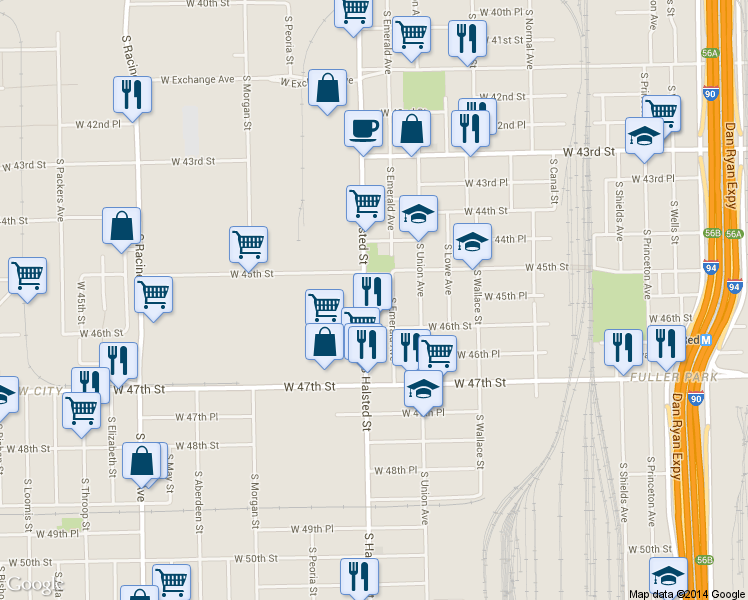 map of restaurants, bars, coffee shops, grocery stores, and more near 4549 South Halsted Street in Chicago
