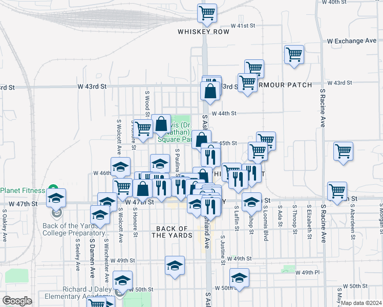 map of restaurants, bars, coffee shops, grocery stores, and more near 4543 South Marshfield Avenue in Chicago