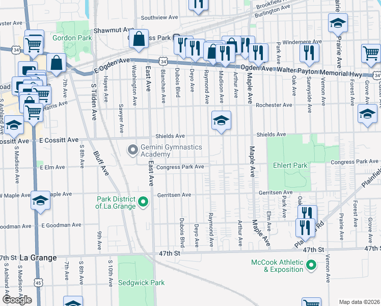 map of restaurants, bars, coffee shops, grocery stores, and more near 9434 Congress Park Avenue in Brookfield