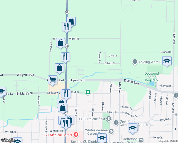 map of restaurants, bars, coffee shops, grocery stores, and more near 110 East Lynn Boulevard in Sterling