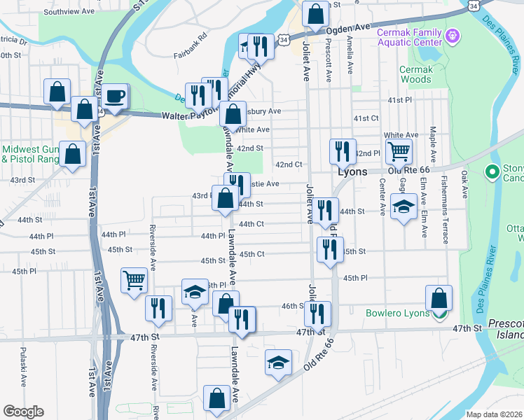 map of restaurants, bars, coffee shops, grocery stores, and more near 8106 44th Court in Lyons
