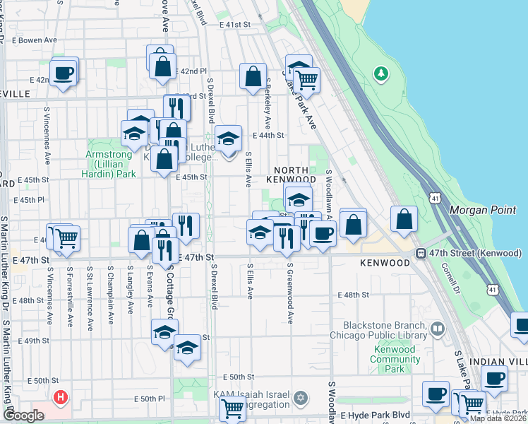 map of restaurants, bars, coffee shops, grocery stores, and more near 4611 South Ellis Avenue in Chicago
