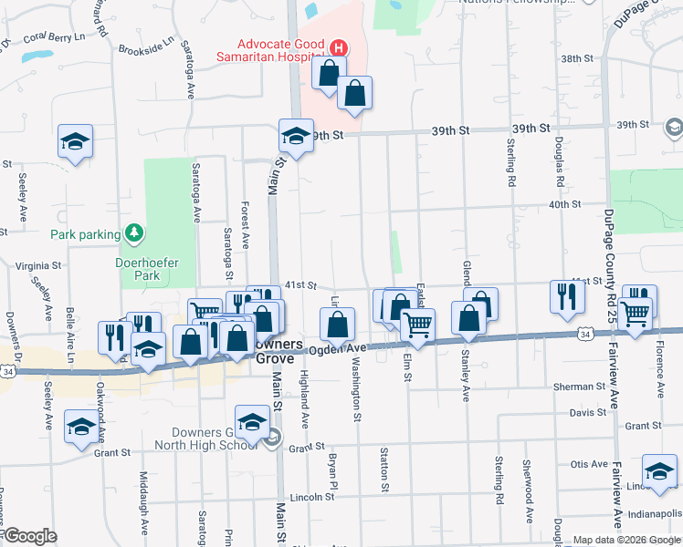 map of restaurants, bars, coffee shops, grocery stores, and more near 4149 Lindley Street in Downers Grove
