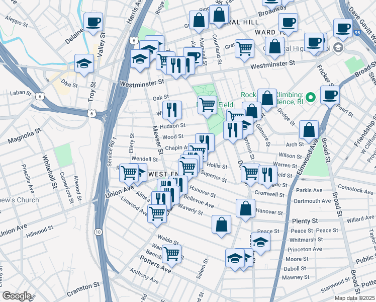 map of restaurants, bars, coffee shops, grocery stores, and more near 60 Chapin Avenue in Providence