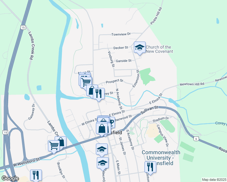 map of restaurants, bars, coffee shops, grocery stores, and more near 150 North Main Street in Mansfield