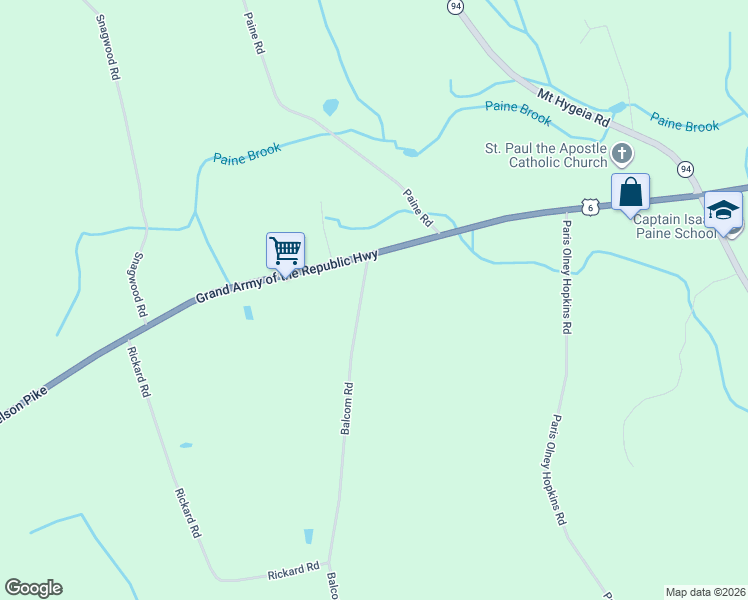 map of restaurants, bars, coffee shops, grocery stores, and more near 4 Balcom Road in Foster