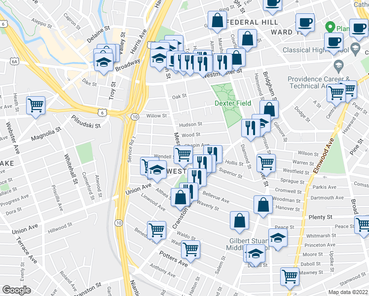 map of restaurants, bars, coffee shops, grocery stores, and more near 106 Chapin Avenue in Providence