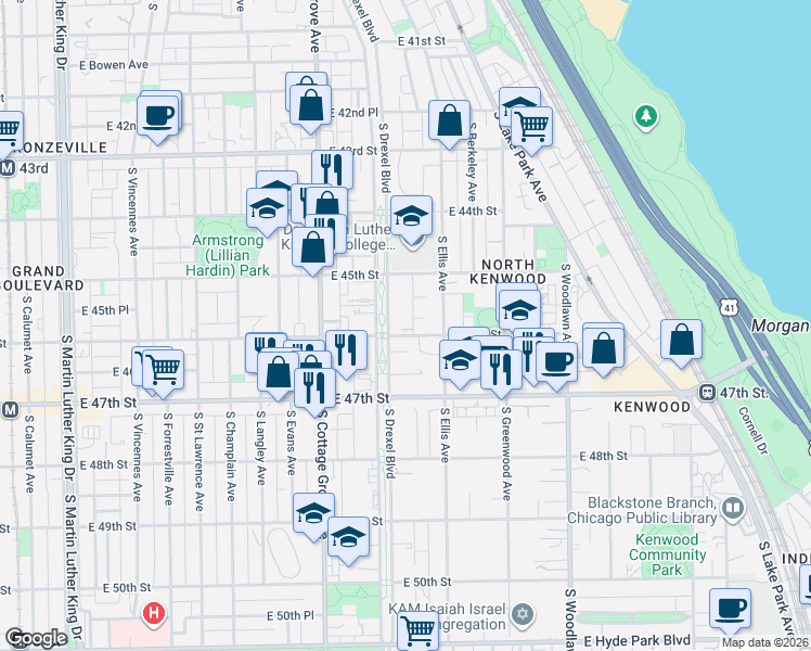 map of restaurants, bars, coffee shops, grocery stores, and more near 4611 South Drexel Boulevard in Chicago