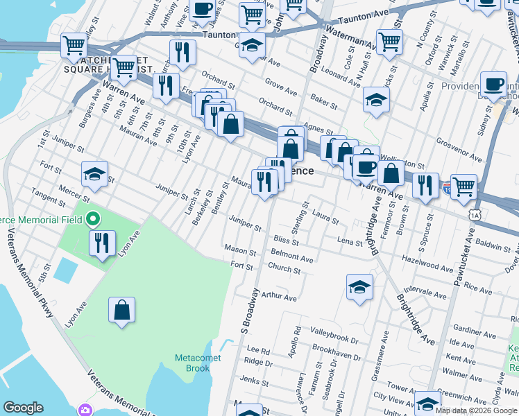 map of restaurants, bars, coffee shops, grocery stores, and more near 1079 South Broadway in East Providence