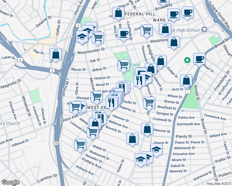 map of restaurants, bars, coffee shops, grocery stores, and more near 40 Wendell Street in Providence