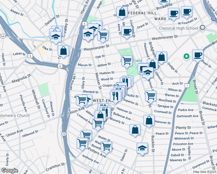map of restaurants, bars, coffee shops, grocery stores, and more near 81 Wendell Street in Providence