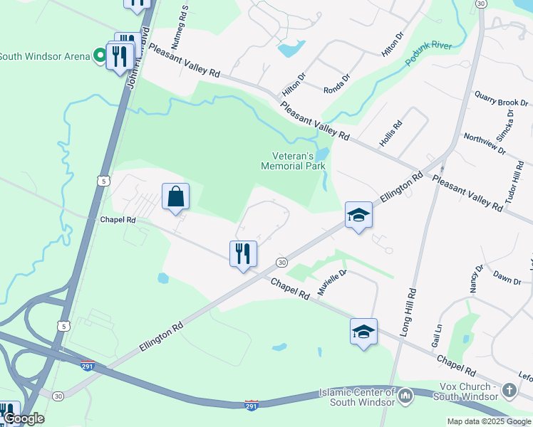 map of restaurants, bars, coffee shops, grocery stores, and more near 2 Saint Marc Circle in South Windsor
