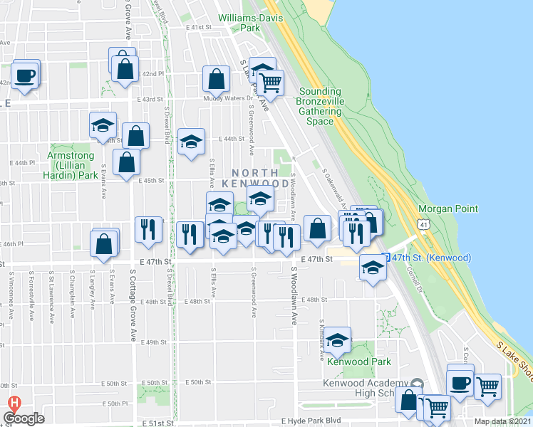 map of restaurants, bars, coffee shops, grocery stores, and more near 1119 East 48th Street in Chicago