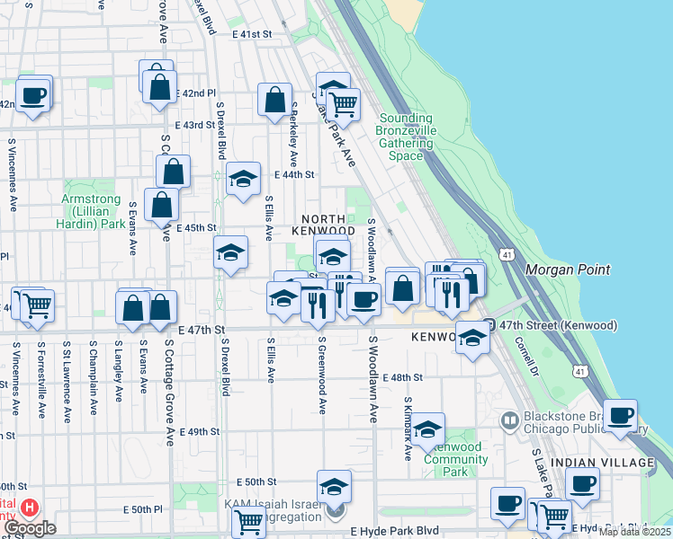 map of restaurants, bars, coffee shops, grocery stores, and more near 1119 East 48th Street in Chicago