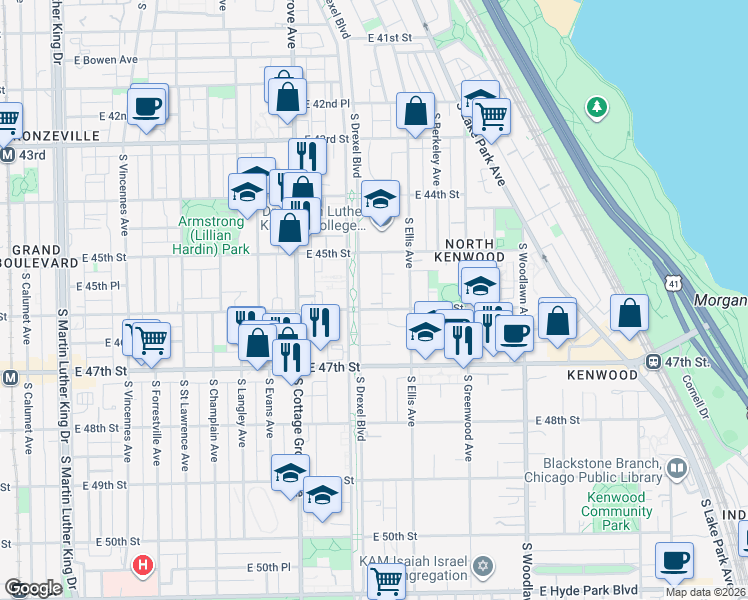 map of restaurants, bars, coffee shops, grocery stores, and more near 4611 South Drexel Boulevard in Chicago