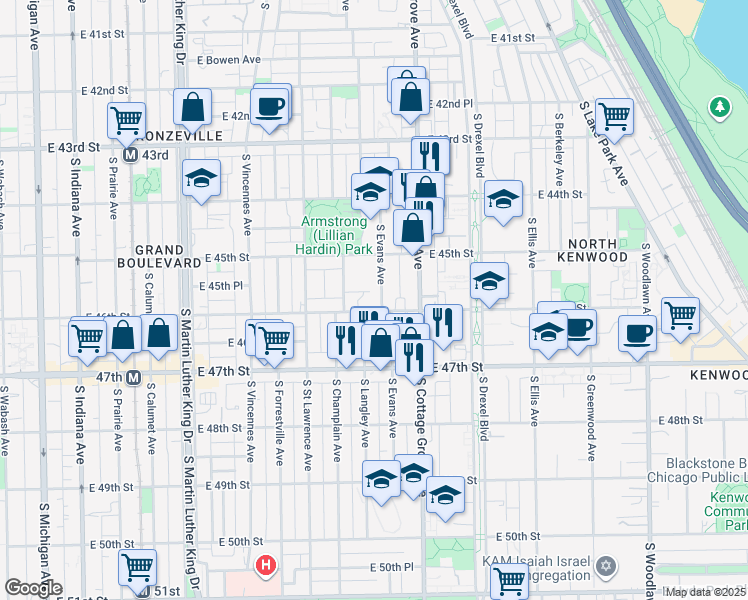 map of restaurants, bars, coffee shops, grocery stores, and more near 4604 South Langley Avenue in Chicago