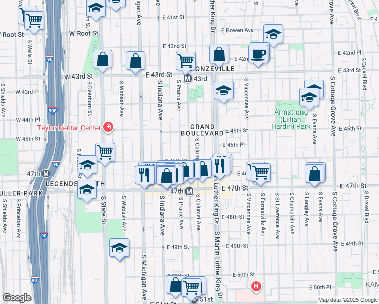 map of restaurants, bars, coffee shops, grocery stores, and more near 4601 South Prairie Avenue in Chicago
