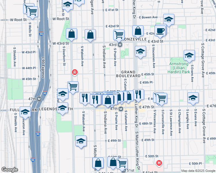 map of restaurants, bars, coffee shops, grocery stores, and more near 4601 South Indiana Avenue in Chicago