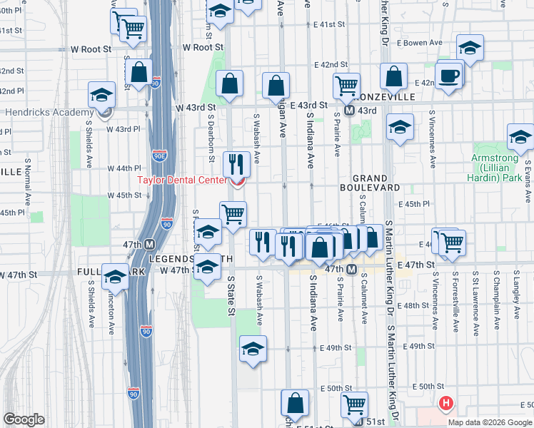 map of restaurants, bars, coffee shops, grocery stores, and more near 59 East 46th Street in Chicago