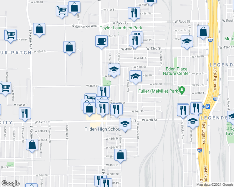 map of restaurants, bars, coffee shops, grocery stores, and more near 4554 South Union Avenue in Chicago