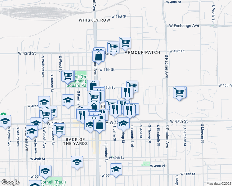 map of restaurants, bars, coffee shops, grocery stores, and more near 4544 South Laflin Street in Chicago