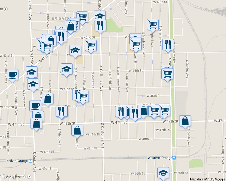 map of restaurants, bars, coffee shops, grocery stores, and more near 4531 South Fairfield Avenue in Chicago