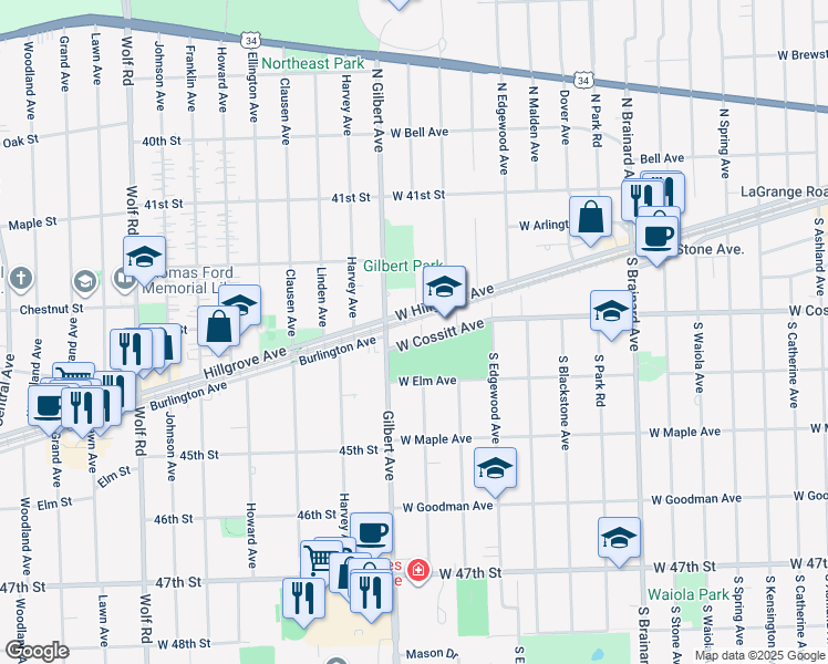 map of restaurants, bars, coffee shops, grocery stores, and more near 1401-1499 West Elm Avenue in La Grange