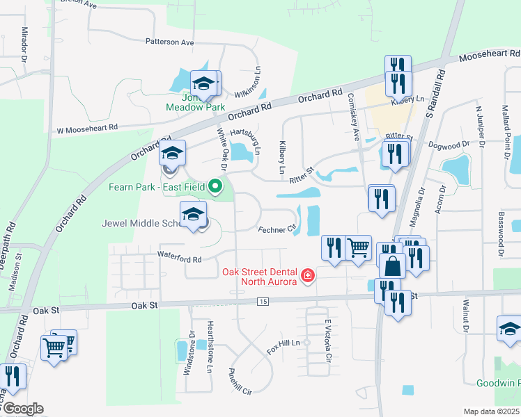map of restaurants, bars, coffee shops, grocery stores, and more near 298 Messenger Circle in North Aurora