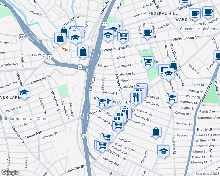 map of restaurants, bars, coffee shops, grocery stores, and more near 146 Chapin Avenue in Providence