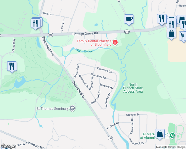 map of restaurants, bars, coffee shops, grocery stores, and more near Stillman Road in Bloomfield
