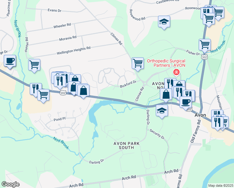 map of restaurants, bars, coffee shops, grocery stores, and more near 101 Bickford Extension in Avon