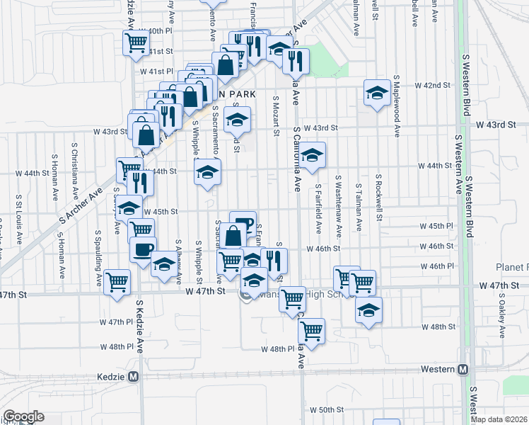 map of restaurants, bars, coffee shops, grocery stores, and more near 4440 South Mozart Street in Chicago