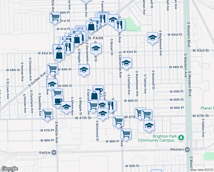 map of restaurants, bars, coffee shops, grocery stores, and more near 4440 South Mozart Street in Chicago