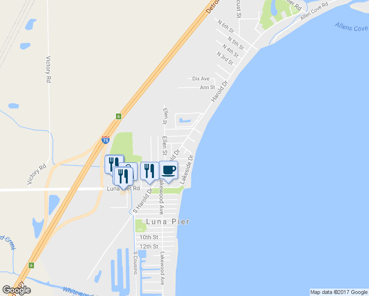 map of restaurants, bars, coffee shops, grocery stores, and more near 10666 Lakeside Drive in Luna Pier