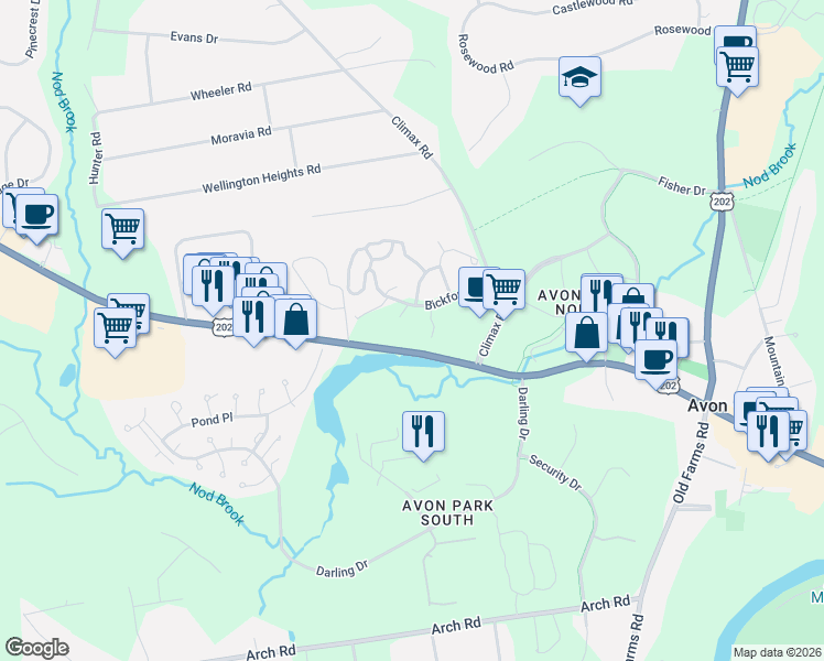 map of restaurants, bars, coffee shops, grocery stores, and more near 101 Bickford Drive in Avon