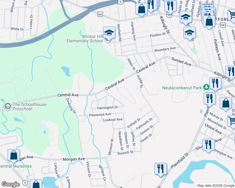 map of restaurants, bars, coffee shops, grocery stores, and more near 184 Central Avenue in Johnston