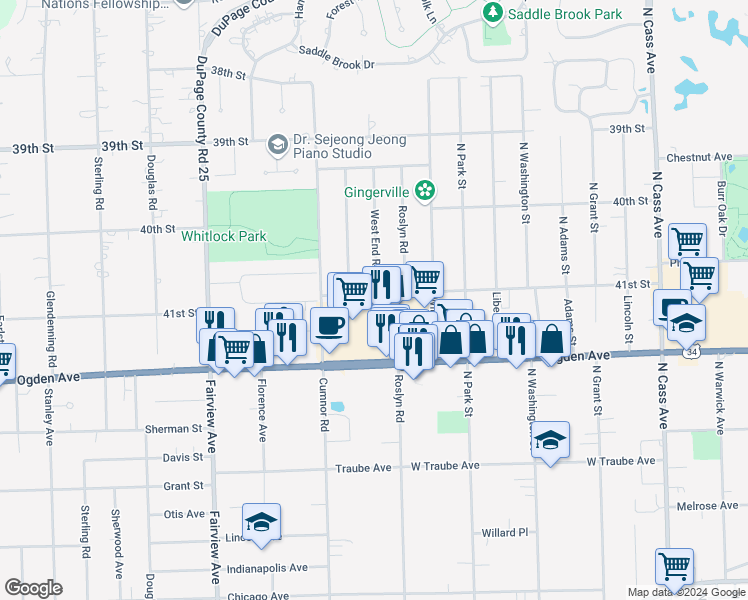 map of restaurants, bars, coffee shops, grocery stores, and more near 111 41st Street in Downers Grove