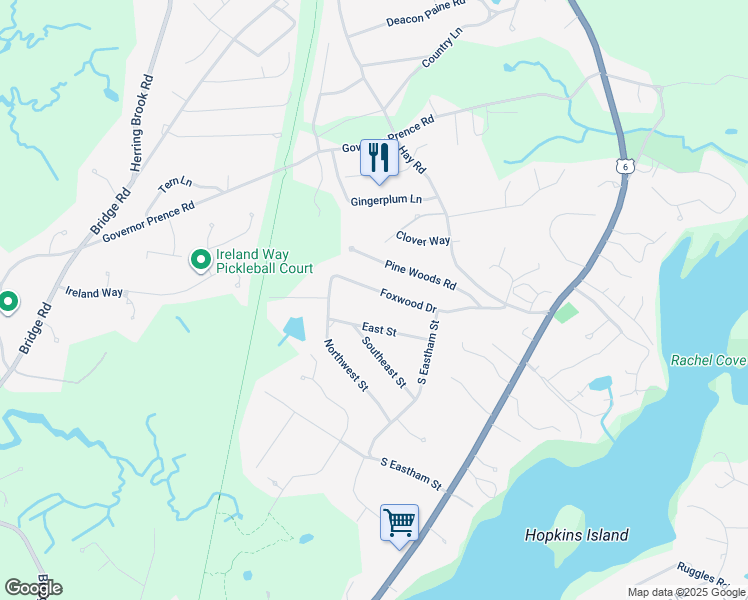 map of restaurants, bars, coffee shops, grocery stores, and more near 340 Foxwood Drive in Eastham