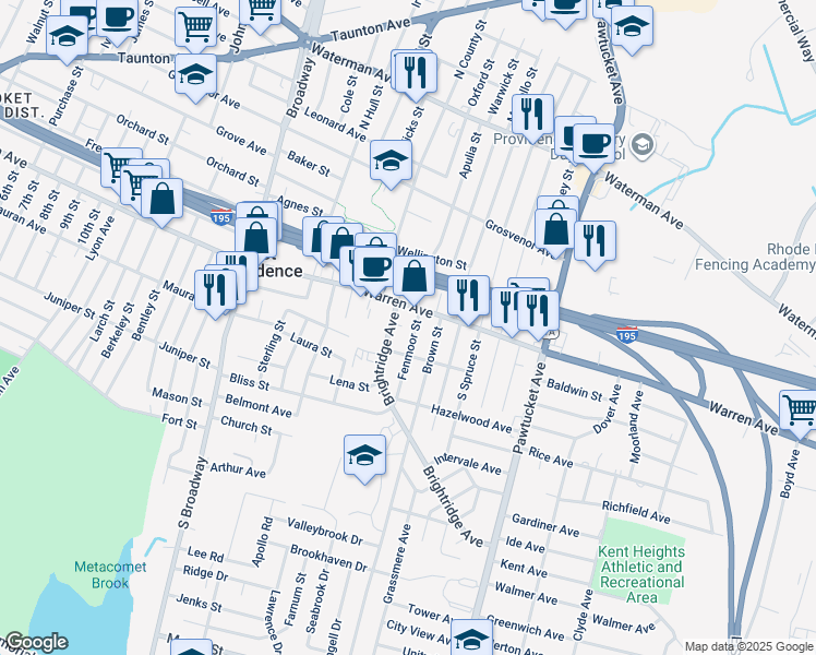 map of restaurants, bars, coffee shops, grocery stores, and more near 508 Warren Avenue in East Providence