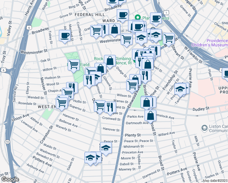 map of restaurants, bars, coffee shops, grocery stores, and more near 60 Bridgham Street in Providence