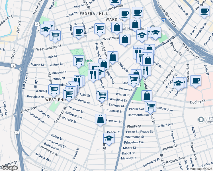 map of restaurants, bars, coffee shops, grocery stores, and more near 31 Gilmore Street in Providence