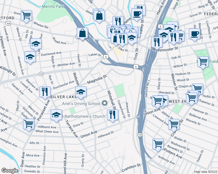 map of restaurants, bars, coffee shops, grocery stores, and more near 72 Judith Street in Providence