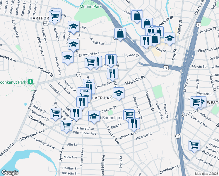 map of restaurants, bars, coffee shops, grocery stores, and more near 17 Dorchester Avenue in Providence