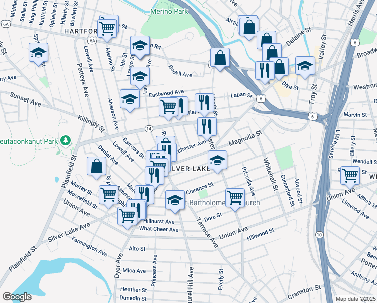 map of restaurants, bars, coffee shops, grocery stores, and more near 33 Viola Street in Providence