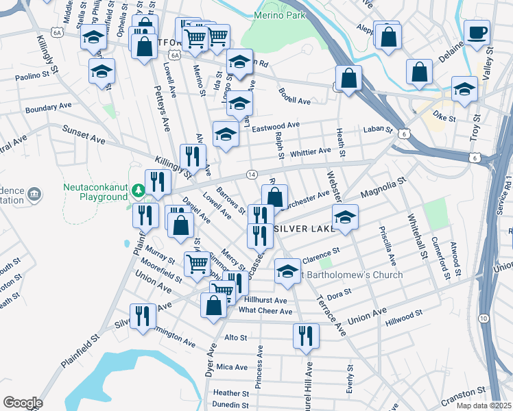 map of restaurants, bars, coffee shops, grocery stores, and more near 173 Laurel Hill Avenue in Providence