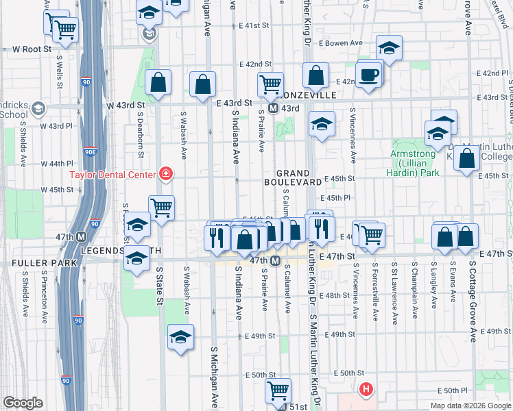 map of restaurants, bars, coffee shops, grocery stores, and more near 4517 South Prairie Avenue in Chicago