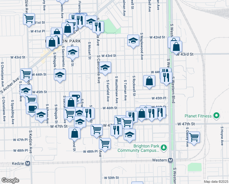 map of restaurants, bars, coffee shops, grocery stores, and more near 4445 South Washtenaw Avenue in Chicago