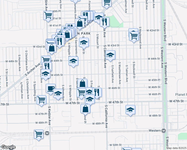 map of restaurants, bars, coffee shops, grocery stores, and more near 4440 South Mozart Street in Chicago